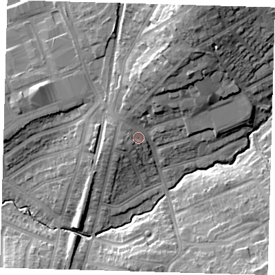 Shaded relief map of the ground around E49PT, computed from Environment Agency LiDAR. The ground here sits at about 26 m above sea level and falls 24 m across the surrounding 800 m. Surface water reaching this point runs off ground lying to the north-north-east, 10.4 m higher.