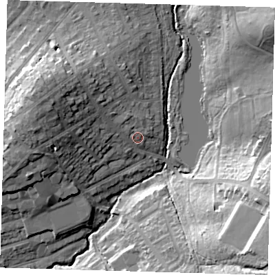 Shaded relief map of the ground around E49QR, computed from Environment Agency LiDAR. The ground here sits at about 29 m above sea level and falls 29 m across the surrounding 800 m. Surface water reaching this point runs off ground lying to the west-north-west, 12.8 m higher.