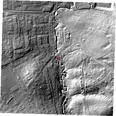 Shaded relief map of the ground around E49SE, computed from Environment Agency LiDAR. The ground here sits at about 29 m above sea level and falls 26 m across the surrounding 800 m. Surface water reaching this point runs off ground lying to the east, 23.5 m higher.