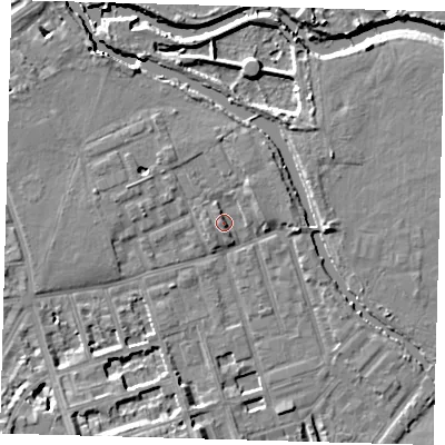 Shaded relief map of the ground around E50AF, computed from Environment Agency LiDAR. The ground here sits at about 8 m above sea level and falls 12 m across the surrounding 800 m. Surface water reaching this point runs off ground lying to the south-west, 9.6 m higher.