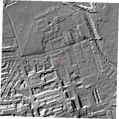 Shaded relief map of the ground around E50AG, computed from Environment Agency LiDAR. The ground here sits at about 7 m above sea level and falls 18 m across the surrounding 800 m. Surface water reaching this point runs off ground lying to the south, 3.3 m higher.