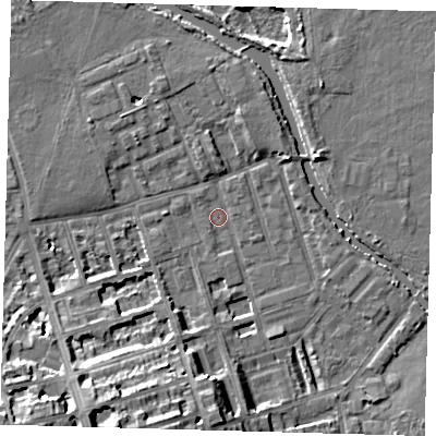 Shaded relief map of the ground around E50AH, computed from Environment Agency LiDAR. The ground here sits at about 6 m above sea level and falls 17 m across the surrounding 800 m. Surface water reaching this point runs off ground lying to the south-south-west, 13.5 m higher.