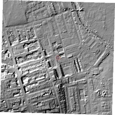 Shaded relief map of the ground around E50AJ, computed from Environment Agency LiDAR. The ground here sits at about 7 m above sea level and falls 16 m across the surrounding 800 m. Surface water reaching this point runs off ground lying to the south-west, 13.8 m higher.