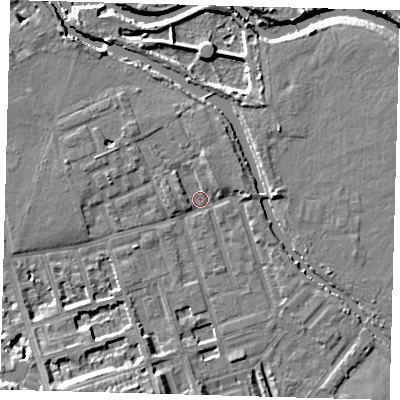 Shaded relief map of the ground around E50AL, computed from Environment Agency LiDAR. The ground here sits at about 6 m above sea level and falls 13 m across the surrounding 800 m. Surface water reaching this point runs off ground lying to the south-west, 9.1 m higher.