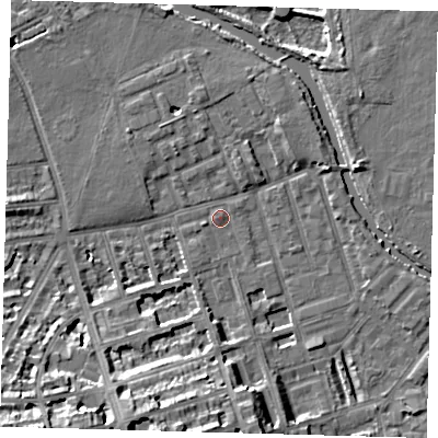 Shaded relief map of the ground around E50AQ, computed from Environment Agency LiDAR. The ground here sits at about 7 m above sea level and falls 17 m across the surrounding 800 m. Surface water reaching this point runs off ground lying to the south, 3.3 m higher.