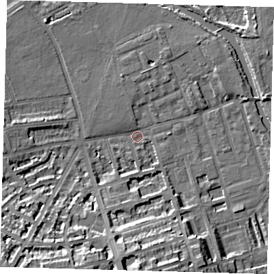 Shaded relief map of the ground around E50AR, computed from Environment Agency LiDAR. The ground here sits at about 6 m above sea level and falls 18 m across the surrounding 800 m. Surface water reaching this point runs off ground lying to the south-west, 15.8 m higher.