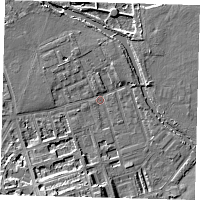 Shaded relief map of the ground around E50AT, computed from Environment Agency LiDAR. The ground here sits at about 6 m above sea level and falls 15 m across the surrounding 800 m. Surface water reaching this point runs off ground lying to the south-west, 12.8 m higher.
