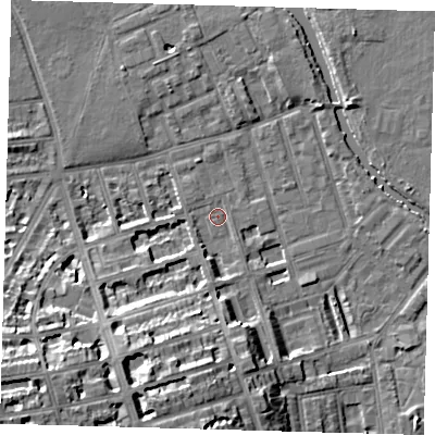Shaded relief map of the ground around E50AW, computed from Environment Agency LiDAR. The ground here sits at about 7 m above sea level and falls 16 m across the surrounding 800 m. Surface water reaching this point runs off ground lying to the south, 3.3 m higher.