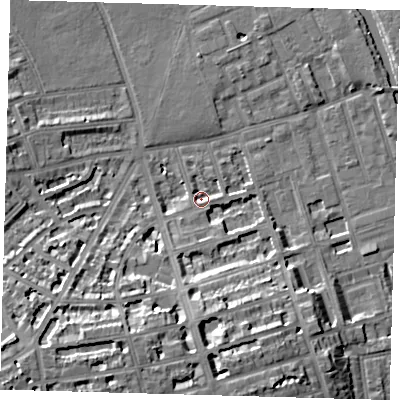 Shaded relief map of the ground around E50AY, computed from Environment Agency LiDAR. The ground here sits at about 7 m above sea level and falls 17 m across the surrounding 800 m. Surface water reaching this point runs off ground lying to the south-south-west, 3.5 m higher.