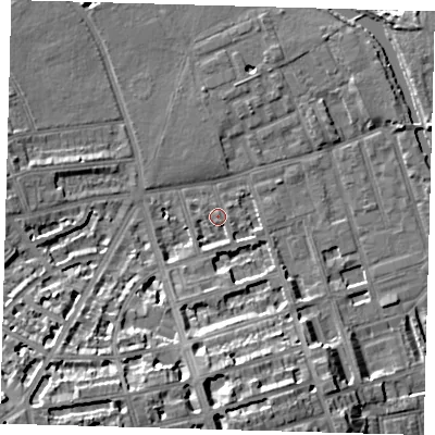 Shaded relief map of the ground around E50BB, computed from Environment Agency LiDAR. The ground here sits at about 7 m above sea level and falls 18 m across the surrounding 800 m. Surface water reaching this point runs off ground lying to the south-south-west, 3.3 m higher.