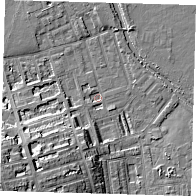 Shaded relief map of the ground around E50BD, computed from Environment Agency LiDAR. The ground here sits at about 5 m above sea level and falls 15 m across the surrounding 800 m. Surface water reaching this point runs off ground lying to the south-west, 13.8 m higher.
