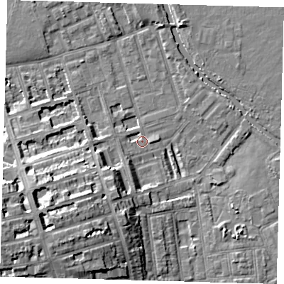 Shaded relief map of the ground around E50BE, computed from Environment Agency LiDAR. The ground here sits at about 7 m above sea level and falls 15 m across the surrounding 800 m. Surface water reaching this point runs off ground lying to the south-west, 14.0 m higher.