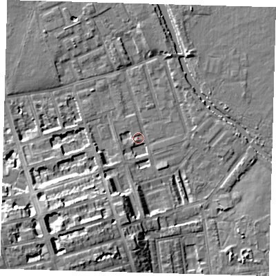 Shaded relief map of the ground around E50BH, computed from Environment Agency LiDAR. The ground here sits at about 6 m above sea level and falls 15 m across the surrounding 800 m. Surface water reaching this point runs off ground lying to the south-west, 1.8 m higher.
