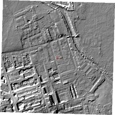Shaded relief map of the ground around E50BN, computed from Environment Agency LiDAR. The ground here sits at about 6 m above sea level and falls 17 m across the surrounding 800 m. Surface water reaching this point runs off ground lying to the south-west, 13.5 m higher.