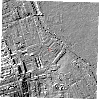 Shaded relief map of the ground around E50BP, computed from Environment Agency LiDAR. The ground here sits at about 6 m above sea level and falls 14 m across the surrounding 800 m. Surface water reaching this point runs off ground lying to the south-west, 13.9 m higher.