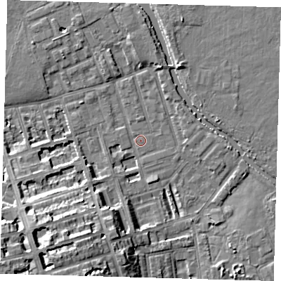 Shaded relief map of the ground around E50BQ, computed from Environment Agency LiDAR. The ground here sits at about 6 m above sea level and falls 15 m across the surrounding 800 m. Surface water reaching this point runs off ground lying to the south-west, 14.0 m higher.