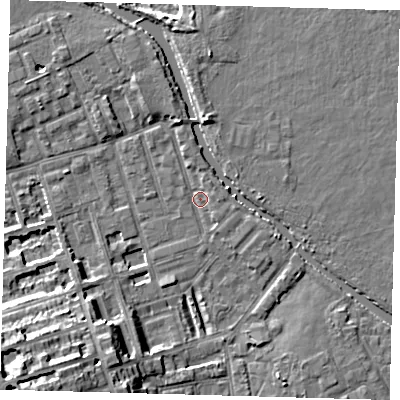 Shaded relief map of the ground around E50BS, computed from Environment Agency LiDAR. The ground here sits at about 6 m above sea level and falls 15 m across the surrounding 800 m. Surface water reaching this point runs off ground lying to the south-west, 13.8 m higher.