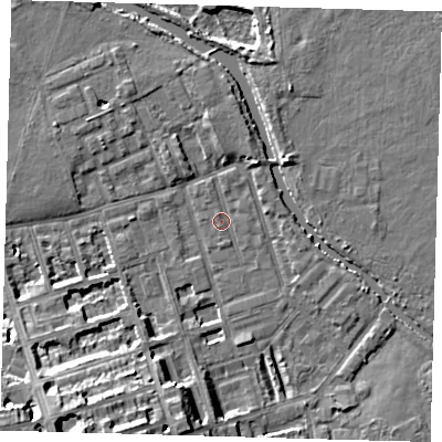 Shaded relief map of the ground around E50BT, computed from Environment Agency LiDAR. The ground here sits at about 6 m above sea level and falls 16 m across the surrounding 800 m. Surface water reaching this point runs off ground lying to the south-south-west, 2.0 m higher.
