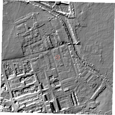 Shaded relief map of the ground around E50BW, computed from Environment Agency LiDAR. The ground here sits at about 6 m above sea level and falls 16 m across the surrounding 800 m. Surface water reaching this point runs off ground lying to the south-south-west, 12.5 m higher.