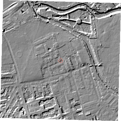 Shaded relief map of the ground around E50BY, computed from Environment Agency LiDAR. The ground here sits at about 7 m above sea level and falls 13 m across the surrounding 800 m. Surface water reaching this point runs off ground lying to the north-north-west, 1.2 m higher.