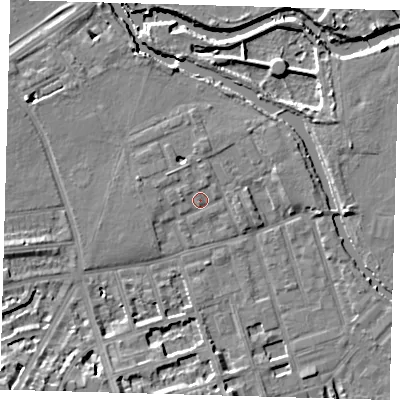 Shaded relief map of the ground around E50BZ, computed from Environment Agency LiDAR. The ground here sits at about 7 m above sea level and falls 13 m across the surrounding 800 m. Surface water reaching this point runs off ground lying to the west-north-west, 1.3 m higher.