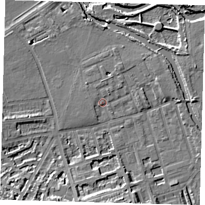 Shaded relief map of the ground around E50DA, computed from Environment Agency LiDAR. The ground here sits at about 7 m above sea level and falls 15 m across the surrounding 800 m. Surface water reaching this point runs off ground lying to the north-north-west, 1.5 m higher.