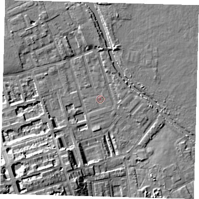 Shaded relief map of the ground around E50DG, computed from Environment Agency LiDAR. The ground here sits at about 6 m above sea level and falls 15 m across the surrounding 800 m. Surface water reaching this point runs off ground lying to the south-west, 14.0 m higher.