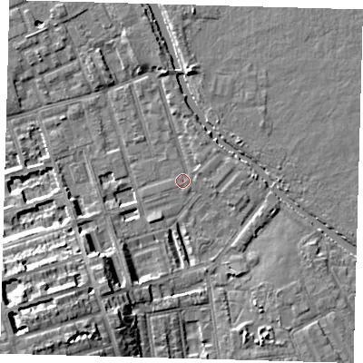 Shaded relief map of the ground around E50DH, computed from Environment Agency LiDAR. The ground here sits at about 6 m above sea level and falls 14 m across the surrounding 800 m. Surface water reaching this point runs off ground lying to the south-west, 14.0 m higher.