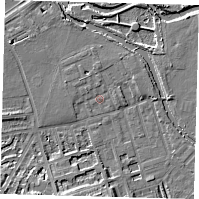 Shaded relief map of the ground around E50DJ, computed from Environment Agency LiDAR. The ground here sits at about 7 m above sea level and falls 14 m across the surrounding 800 m. Surface water reaching this point runs off ground lying to the north-west, 1.3 m higher.