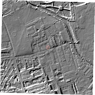 Shaded relief map of the ground around E50DL, computed from Environment Agency LiDAR. The ground here sits at about 7 m above sea level and falls 15 m across the surrounding 800 m. Surface water reaching this point runs off ground lying to the south-west, 12.5 m higher.