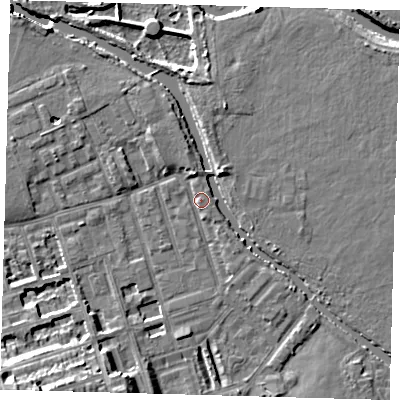 Shaded relief map of the ground around E50DQ, computed from Environment Agency LiDAR. The ground here sits at about 7 m above sea level and falls 14 m across the surrounding 800 m. Surface water reaching this point runs off ground lying to the south-west, 11.2 m higher.