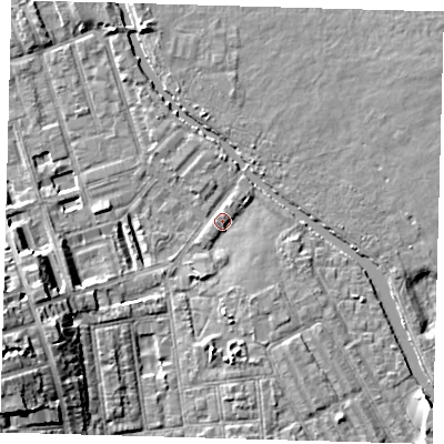 Shaded relief map of the ground around E50ED, computed from Environment Agency LiDAR. The ground here sits at about 7 m above sea level and falls 13 m across the surrounding 800 m. Surface water reaching this point runs off ground lying to the west-south-west, 9.7 m higher.