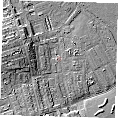 Shaded relief map of the ground around E50EG, computed from Environment Agency LiDAR. The ground here sits at about 7 m above sea level and falls 14 m across the surrounding 800 m. Surface water reaching this point runs off ground lying to the west, 12.8 m higher.
