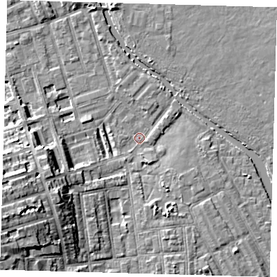Shaded relief map of the ground around E50EH, computed from Environment Agency LiDAR. The ground here sits at about 6 m above sea level and falls 14 m across the surrounding 800 m. Surface water reaching this point runs off ground lying to the west-south-west, 13.9 m higher.