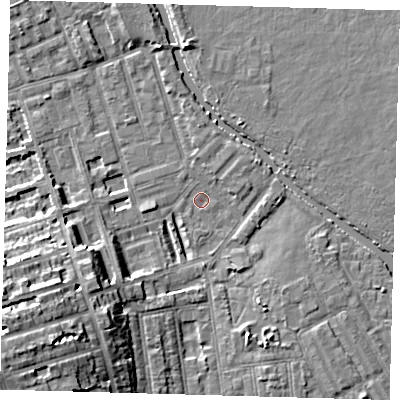 Shaded relief map of the ground around E50EJ, computed from Environment Agency LiDAR. The ground here sits at about 6 m above sea level and falls 14 m across the surrounding 800 m. Surface water reaching this point runs off ground lying to the west-south-west, 14.0 m higher.