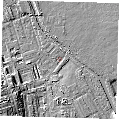 Shaded relief map of the ground around E50EP, computed from Environment Agency LiDAR. The ground here sits at about 6 m above sea level and falls 14 m across the surrounding 800 m. Surface water reaching this point runs off ground lying to the south-west, 9.7 m higher.