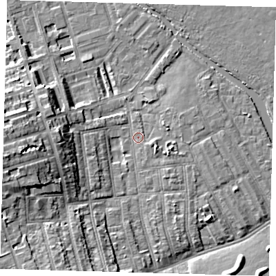 Shaded relief map of the ground around E50EQ, computed from Environment Agency LiDAR. The ground here sits at about 7 m above sea level and falls 14 m across the surrounding 800 m. Surface water reaching this point runs off ground lying to the west, 13.2 m higher.