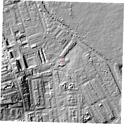 Shaded relief map of the ground around E50EW, computed from Environment Agency LiDAR. The ground here sits at about 7 m above sea level and falls 14 m across the surrounding 800 m. Surface water reaching this point runs off ground lying to the south-east, 2.3 m higher.