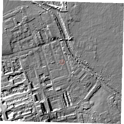 Shaded relief map of the ground around E50FQ, computed from Environment Agency LiDAR. The ground here sits at about 6 m above sea level and falls 16 m across the surrounding 800 m. Surface water reaching this point runs off ground lying to the south-west, 2.0 m higher.
