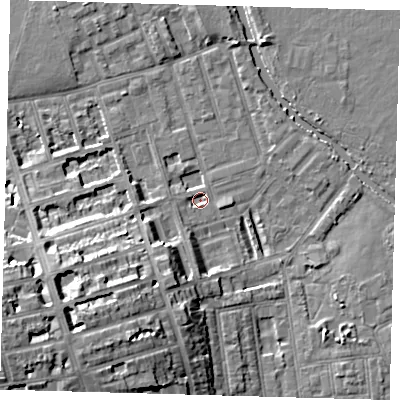 Shaded relief map of the ground around E50FU, computed from Environment Agency LiDAR. The ground here sits at about 5 m above sea level and falls 15 m across the surrounding 800 m. Surface water reaching this point runs off ground lying to the south-west, 13.8 m higher.
