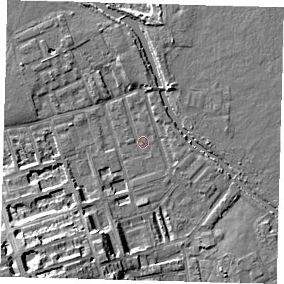 Shaded relief map of the ground around E50FW, computed from Environment Agency LiDAR. The ground here sits at about 6 m above sea level and falls 16 m across the surrounding 800 m. Surface water reaching this point runs off ground lying to the south-west, 13.5 m higher.