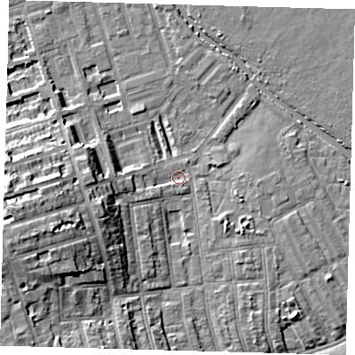 Shaded relief map of the ground around E50FZ, computed from Environment Agency LiDAR. The ground here sits at about 6 m above sea level and falls 14 m across the surrounding 800 m. Surface water reaching this point runs off ground lying to the west-south-west, 9.3 m higher.
