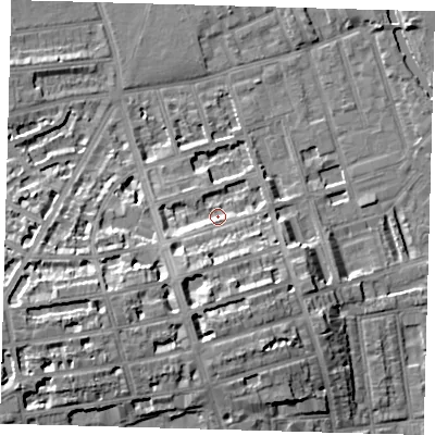 Shaded relief map of the ground around E50HA, computed from Environment Agency LiDAR. The ground here sits at about 10 m above sea level and falls 17 m across the surrounding 800 m. Surface water reaching this point runs off ground lying to the south-south-west, 8.4 m higher.