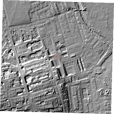 Shaded relief map of the ground around E50HD, computed from Environment Agency LiDAR. The ground here sits at about 7 m above sea level and falls 16 m across the surrounding 800 m. Surface water reaching this point runs off ground lying to the south-west, 12.3 m higher.