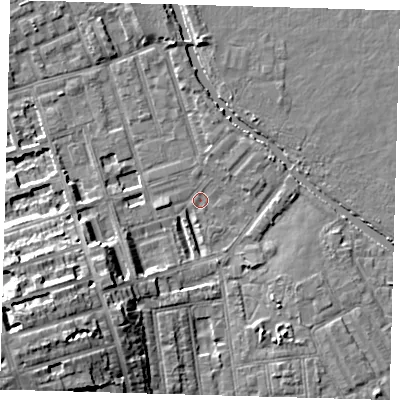 Shaded relief map of the ground around E50HH, computed from Environment Agency LiDAR. The ground here sits at about 6 m above sea level and falls 14 m across the surrounding 800 m. Surface water reaching this point runs off ground lying to the south-west, 14.0 m higher.