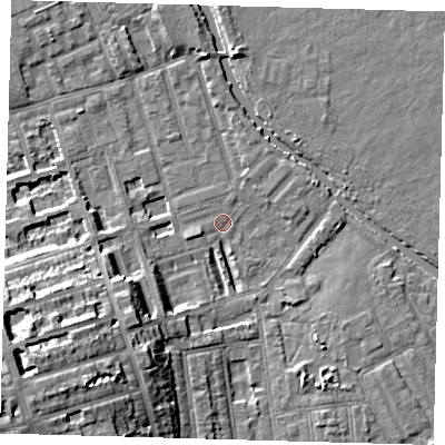 Shaded relief map of the ground around E50HJ, computed from Environment Agency LiDAR. The ground here sits at about 6 m above sea level and falls 14 m across the surrounding 800 m. Surface water reaching this point runs off ground lying to the south-west, 14.0 m higher.