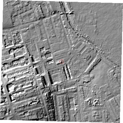 Shaded relief map of the ground around E50HL, computed from Environment Agency LiDAR. The ground here sits at about 6 m above sea level and falls 15 m across the surrounding 800 m. Surface water reaching this point runs off ground lying to the south-west, 14.0 m higher.