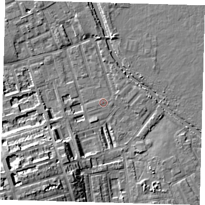 Shaded relief map of the ground around E50HP, computed from Environment Agency LiDAR. The ground here sits at about 7 m above sea level and falls 14 m across the surrounding 800 m. Surface water reaching this point runs off ground lying to the south-west, 14.0 m higher.