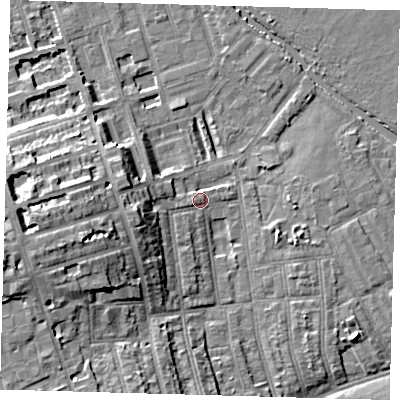 Shaded relief map of the ground around E50HR, computed from Environment Agency LiDAR. The ground here sits at about 8 m above sea level and falls 14 m across the surrounding 800 m. Surface water reaching this point runs off ground lying to the west-south-west, 8.4 m higher.