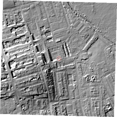 Shaded relief map of the ground around E50JH, computed from Environment Agency LiDAR. The ground here sits at about 7 m above sea level and falls 15 m across the surrounding 800 m. Surface water reaching this point runs off ground lying to the west-south-west, 12.9 m higher.